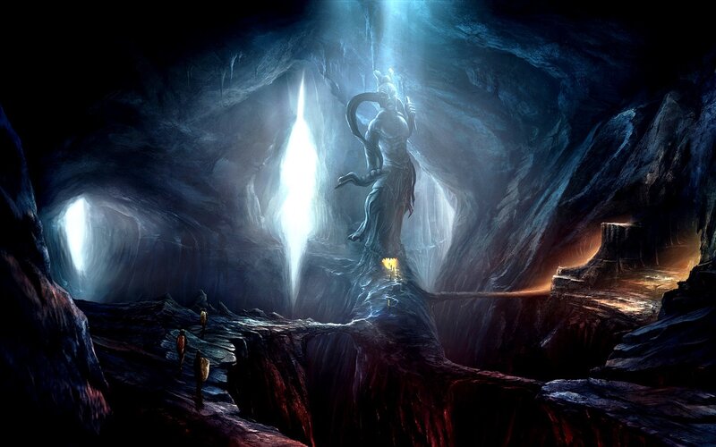 Cave with statue and light beam