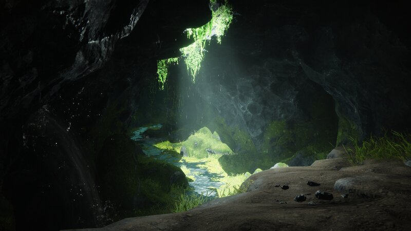 Cave with Stream and Moss