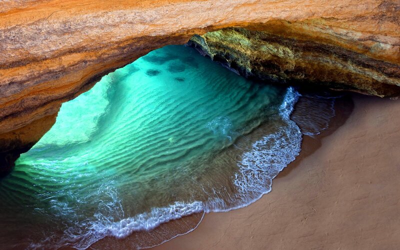 Cave with Turquoise Water — Blue, Serene, Afternoon, Photograph, Sand