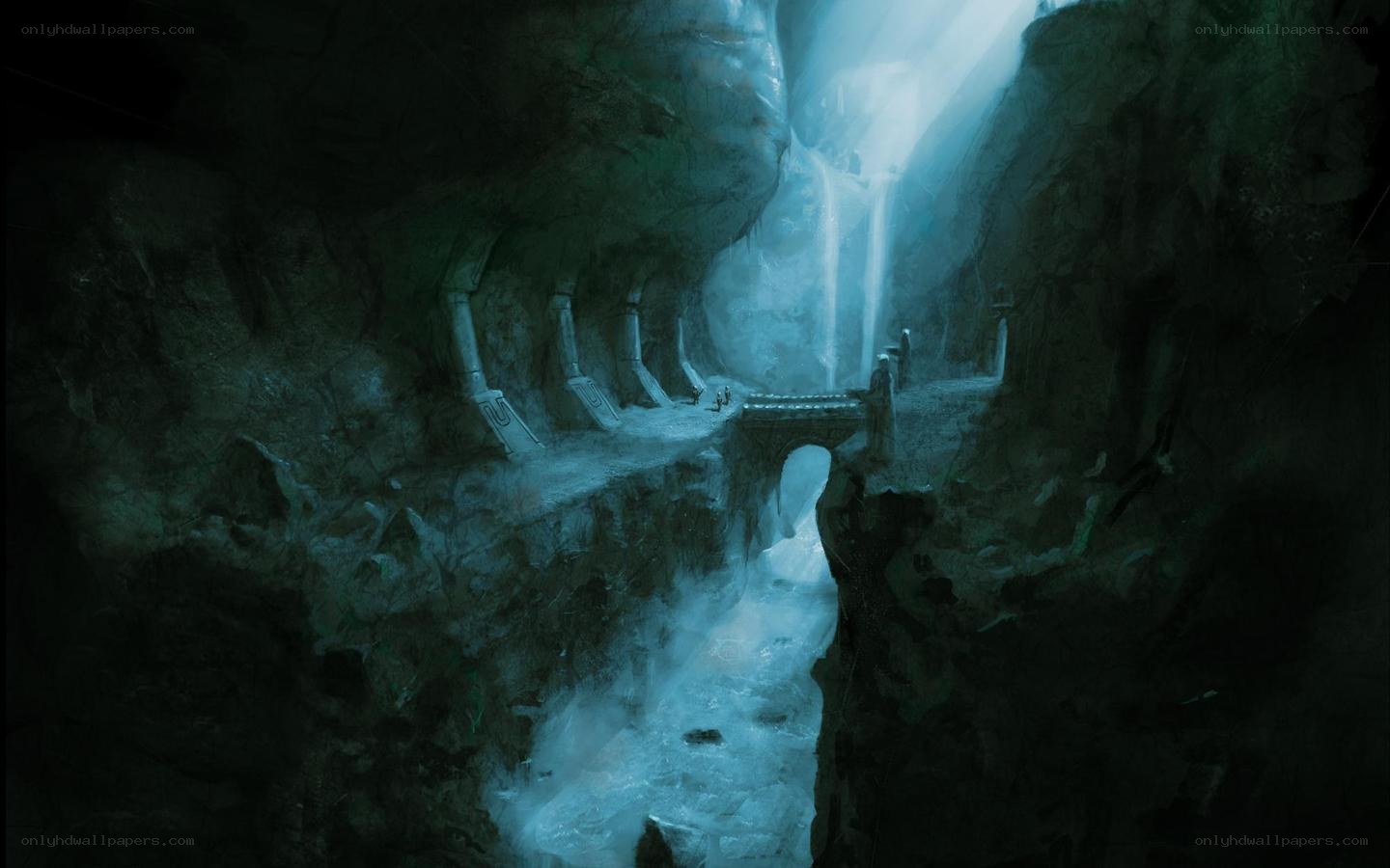 cave with waterfall and bridge