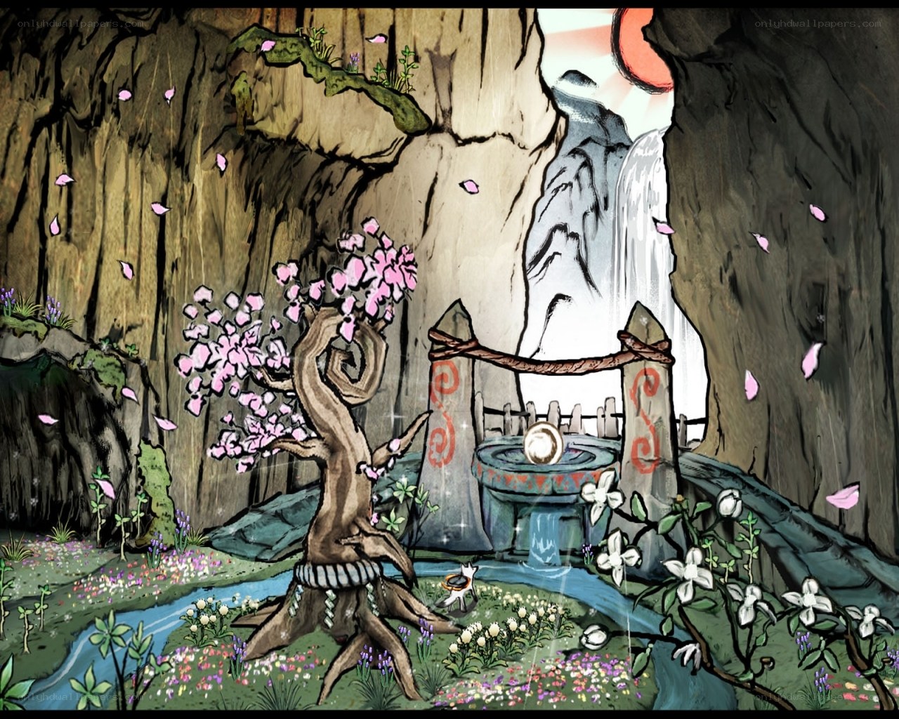Cave with waterfall and cherry blossoms