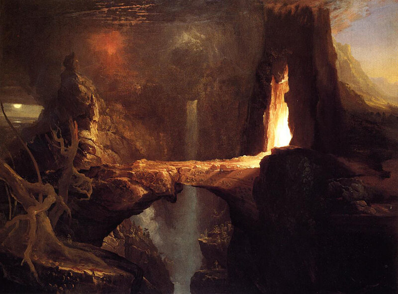 Cave with waterfall and fire