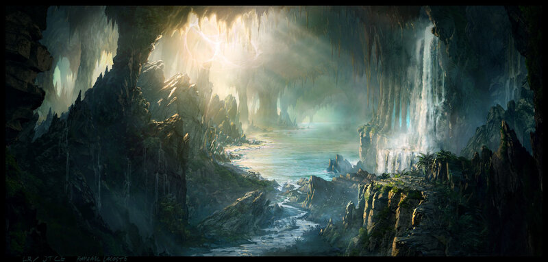 cave with waterfall and light
