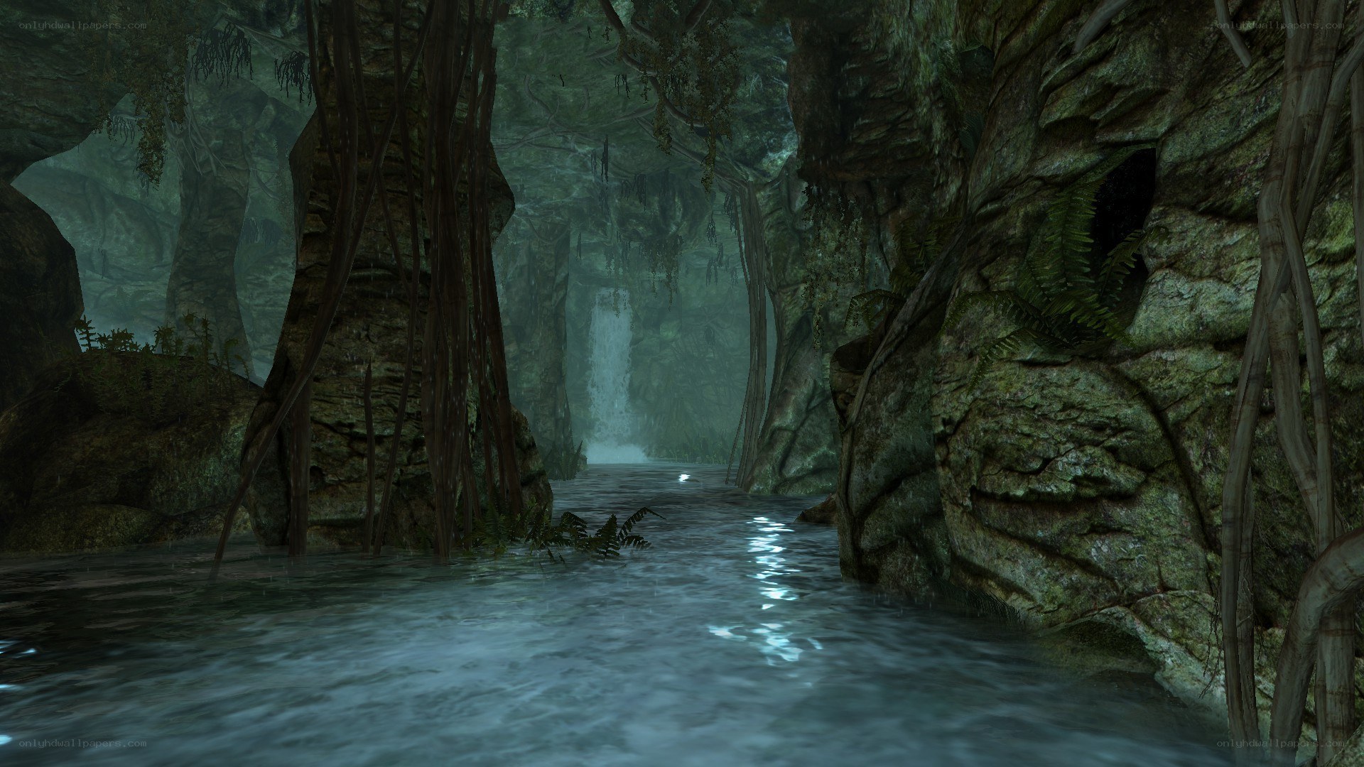 cave with waterfall and river