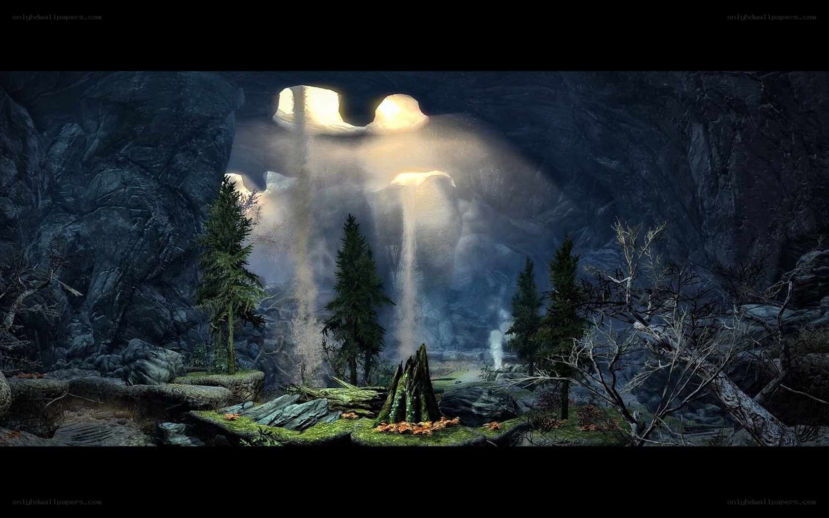 cave with waterfall and trees