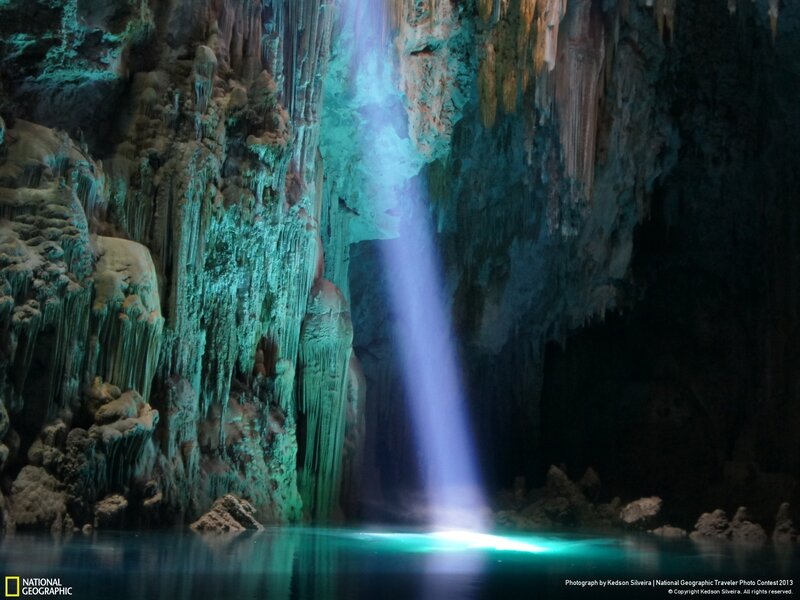 Cave with Waterfall — Blue, Dramatic, Photograph