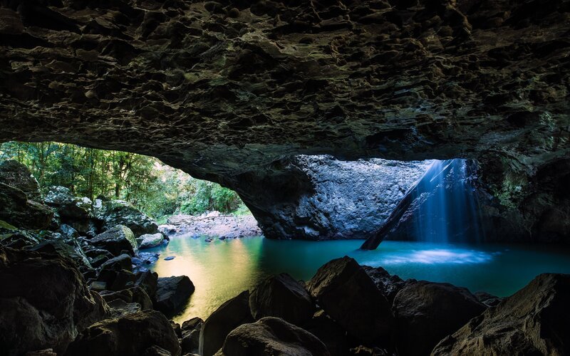 Cave with Waterfall — Blue, Serene, Afternoon