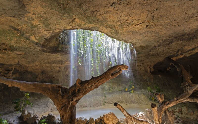 Cave with Waterfall — Brown, Serene, Afternoon