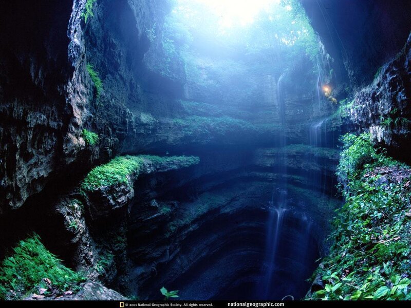 Cave with Waterfall — Green, Dramatic, Photograph