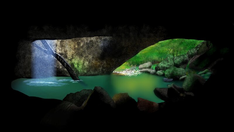 Cave with Waterfall — Green, Serene, Digital Art