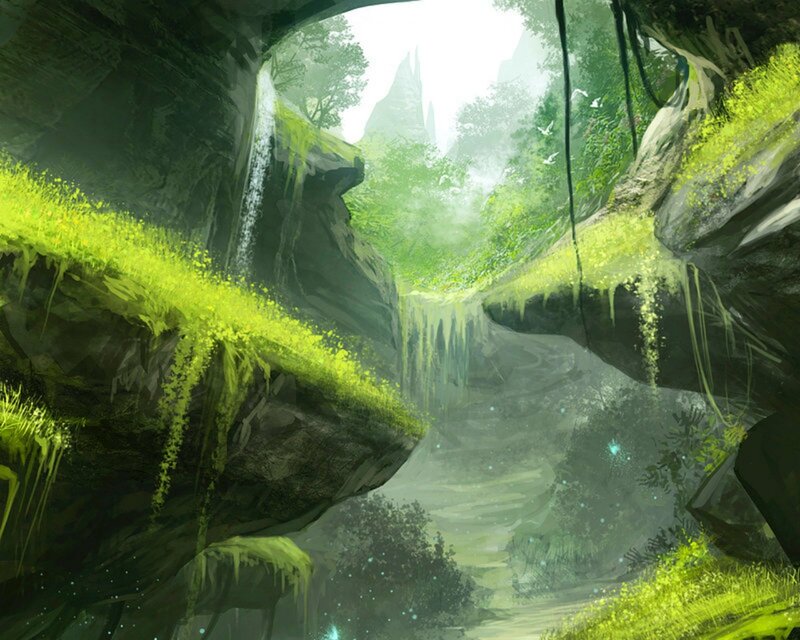 Cave with Waterfall — Green, Serene, Morning