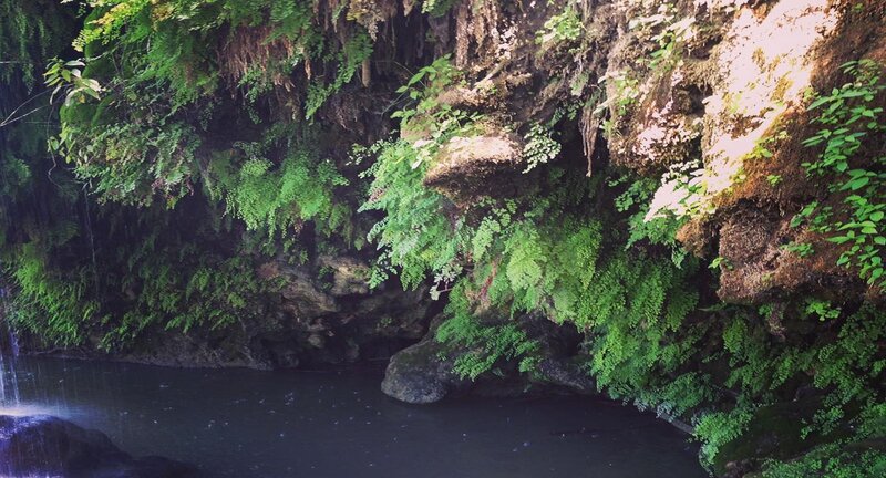 Cave with Waterfall — Green, Serene, Photograph