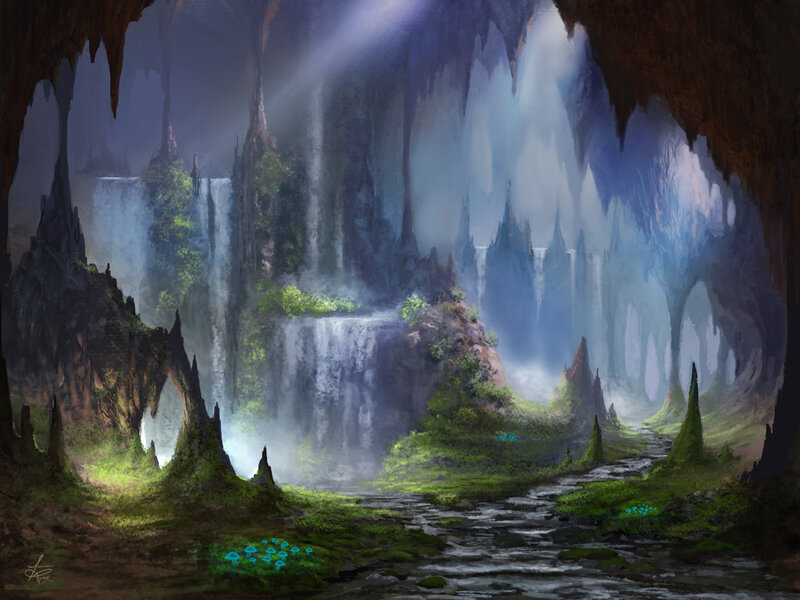Cave with Waterfall — Green, Serene
