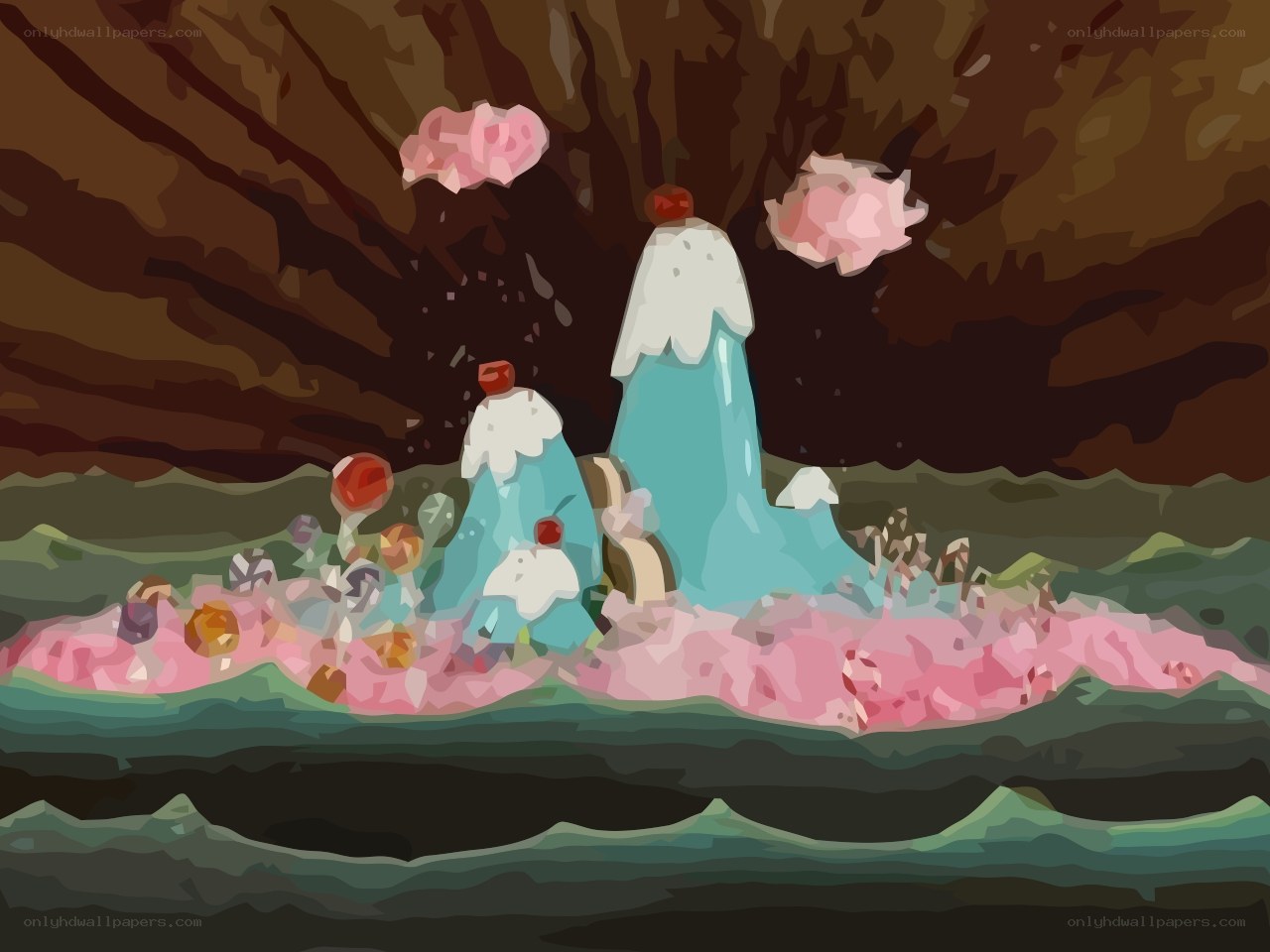 Cave with waterfalls and flowers