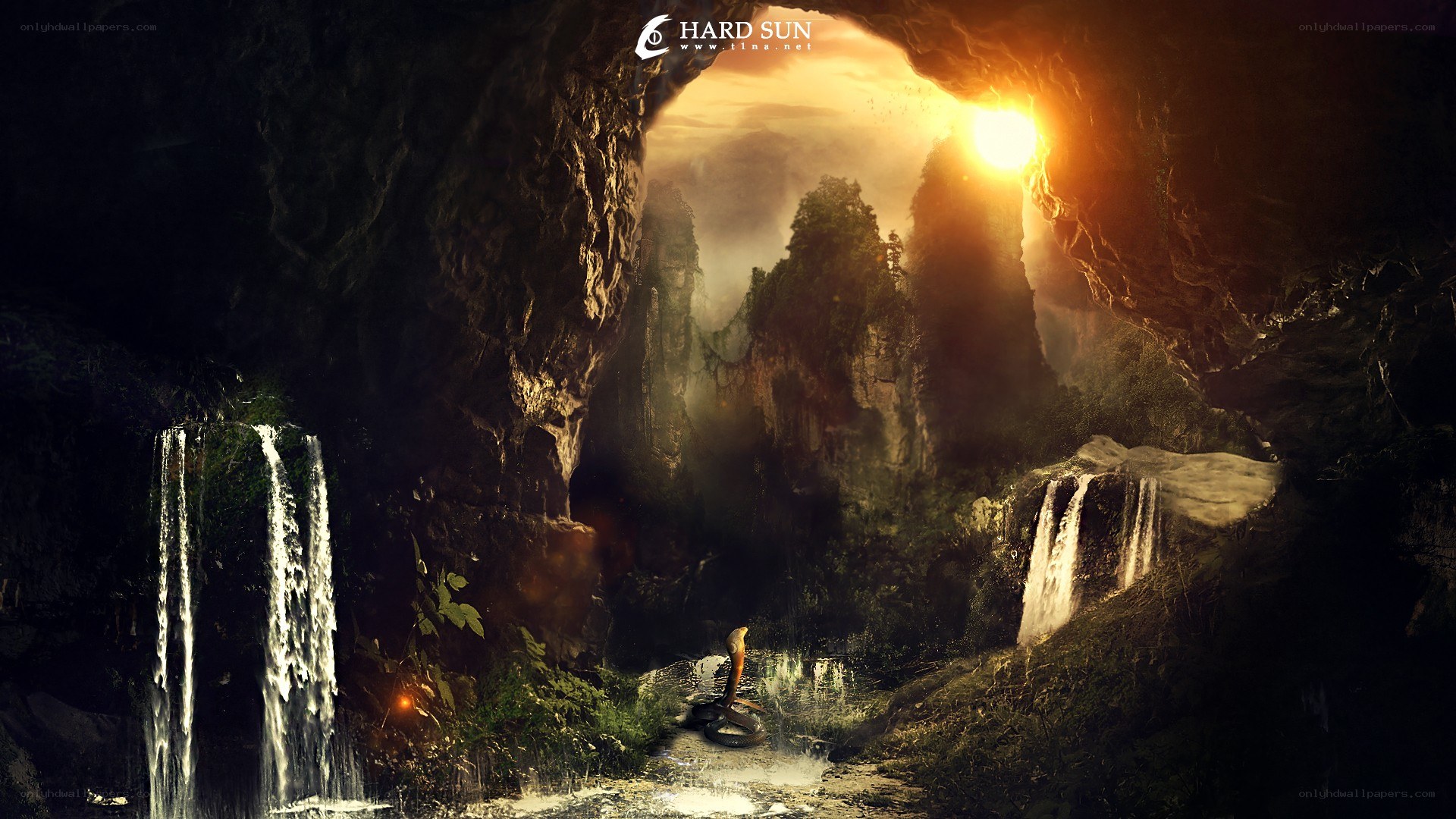 Cave with waterfalls and sunlight