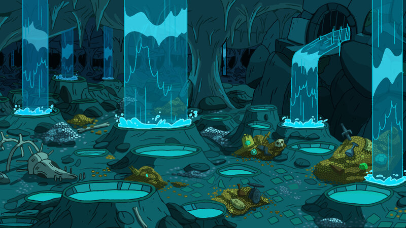 cave with waterfalls and treasure
