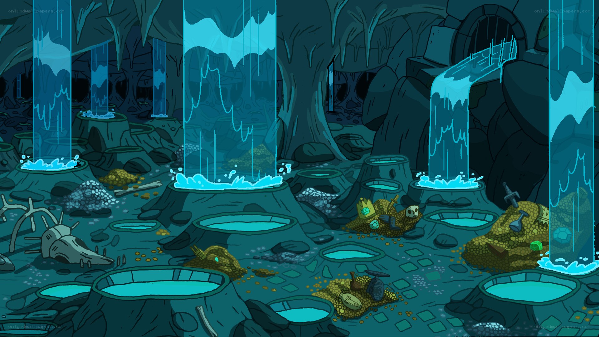 cave with waterfalls and treasure