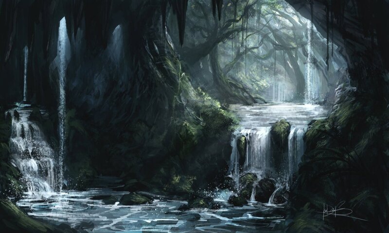 Cave with Waterfalls — Green, Dark