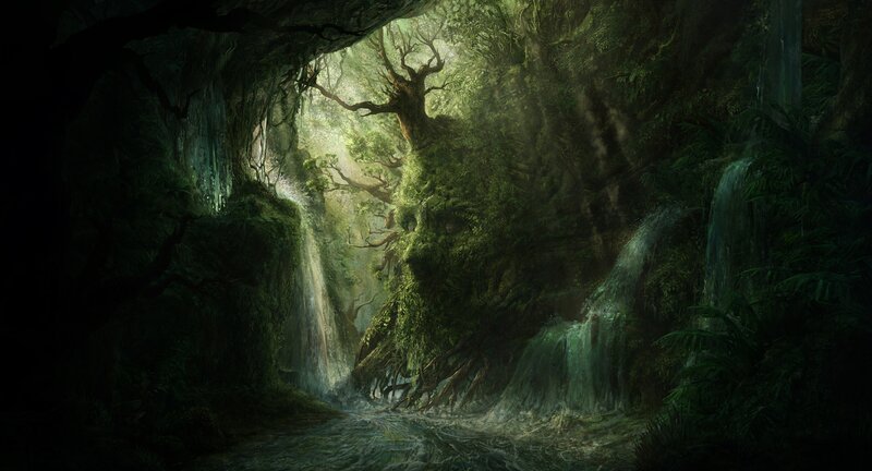 Cave with Waterfalls — Green, Mysterious
