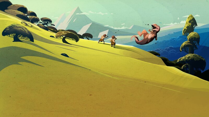 Cavemen Fleeing Dinosaur