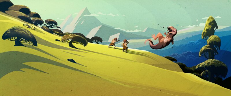 Cavemen Fleeing Dinosaur — Yellow