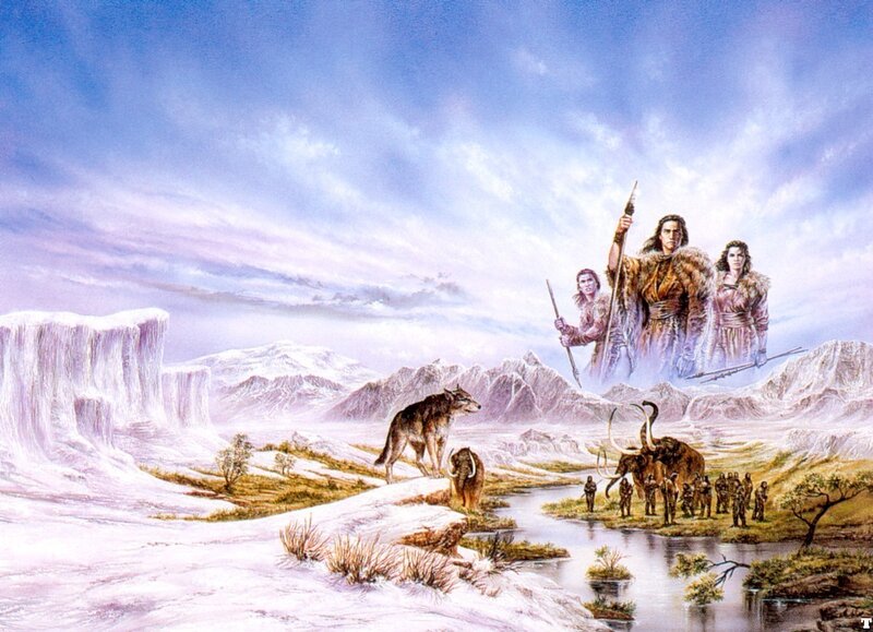 Cavemen in Snowy Landscape