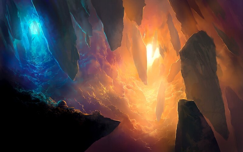 cavern with blue and orange light