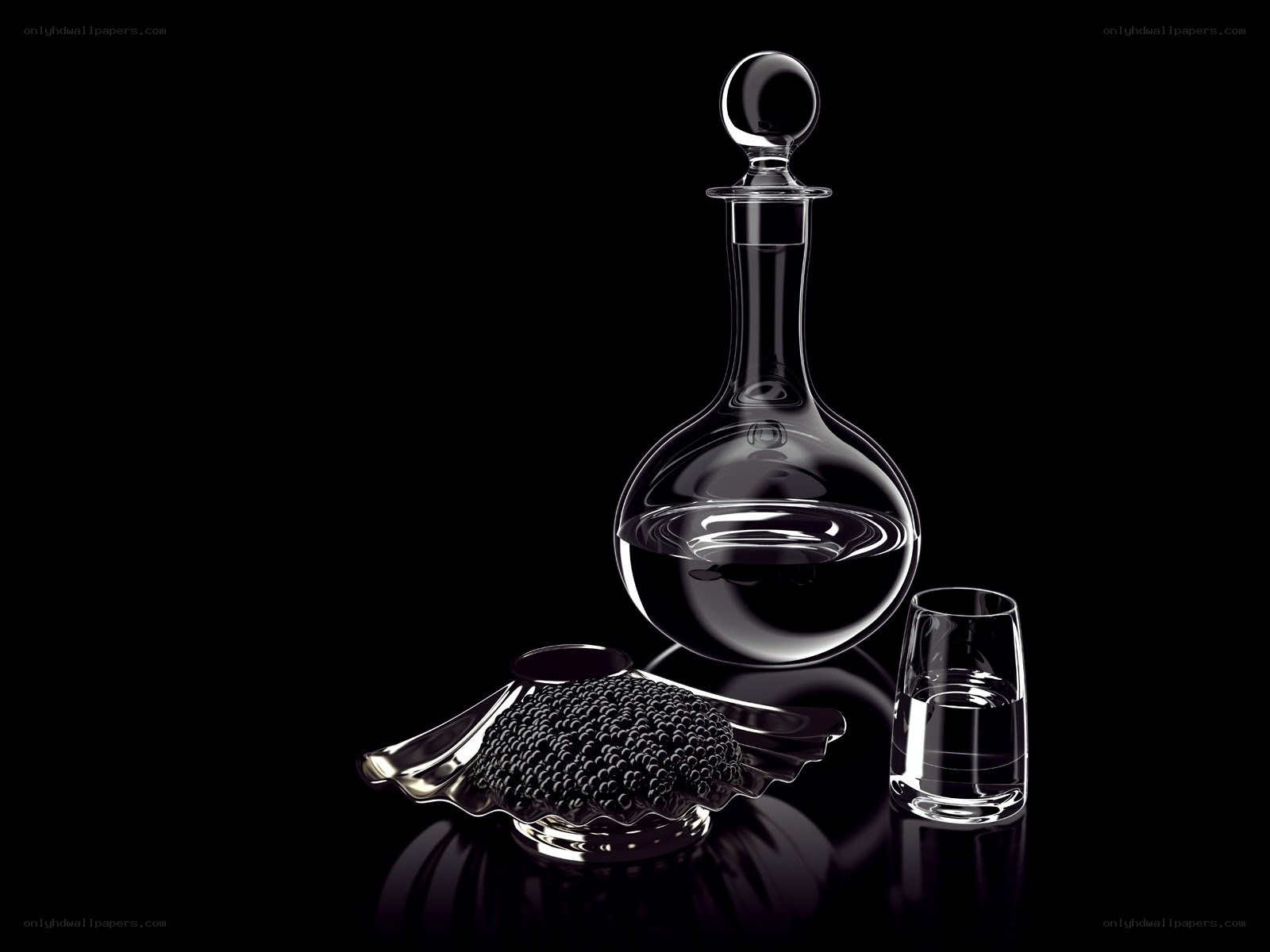 Caviar and decanter on black