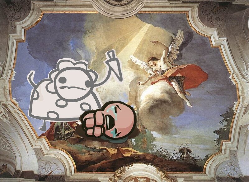 ceiling fresco with cartoon overlays