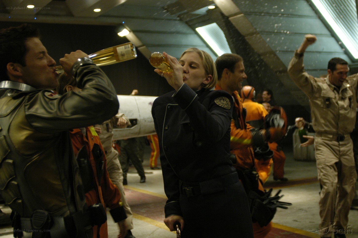 Celebration in a spaceship hangar