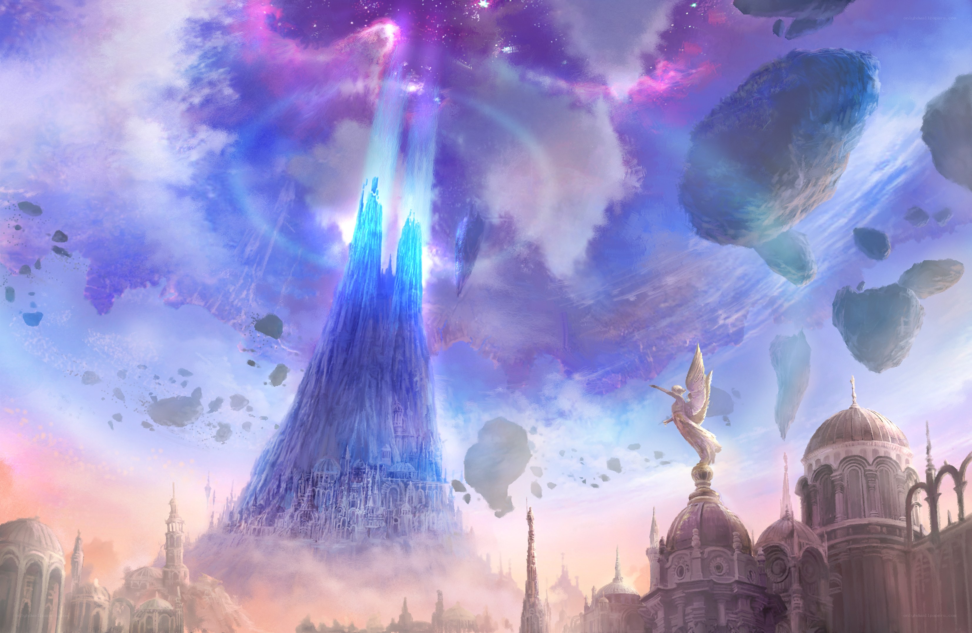 Celestial city with glowing spire