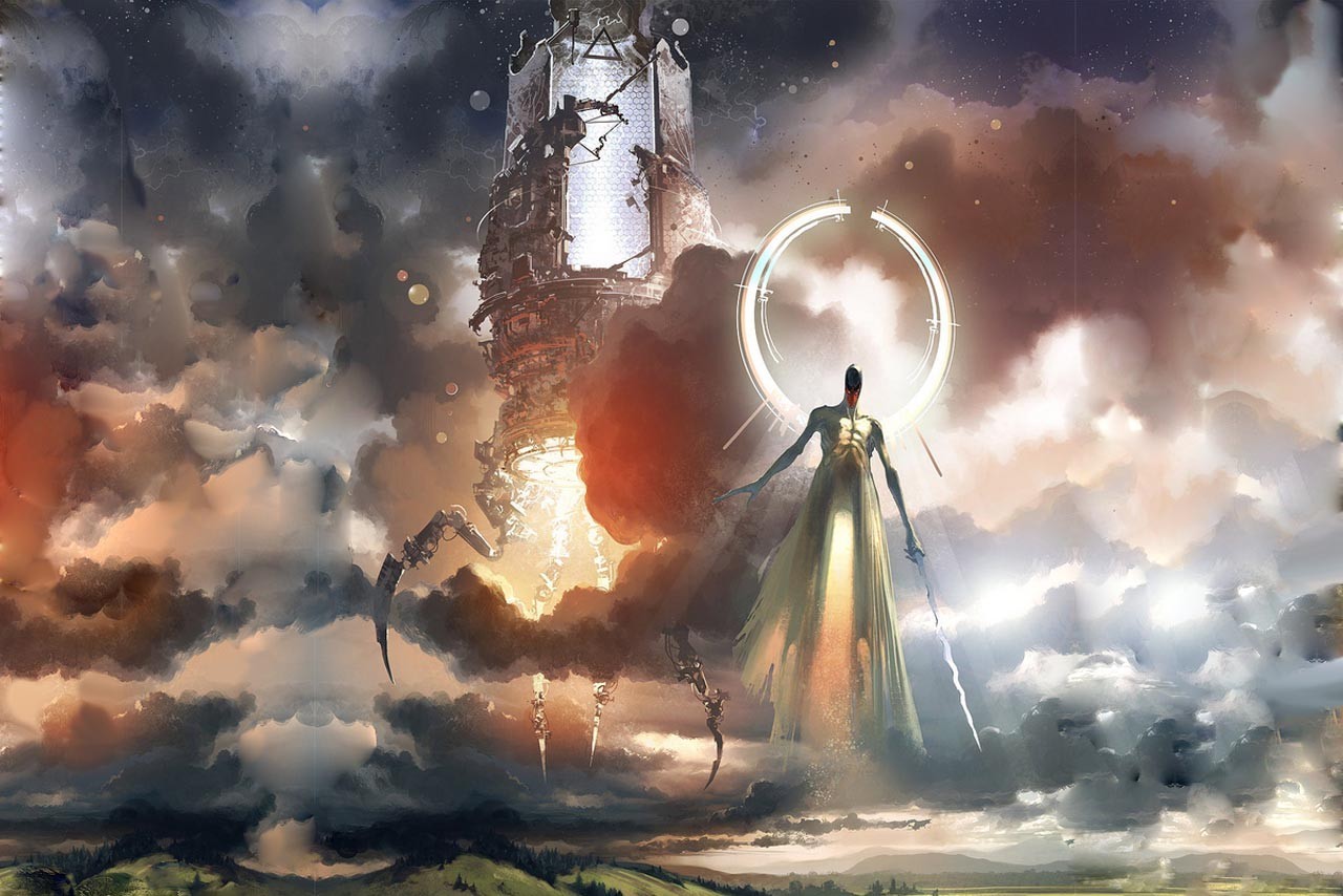 Celestial figure with ancient tower
