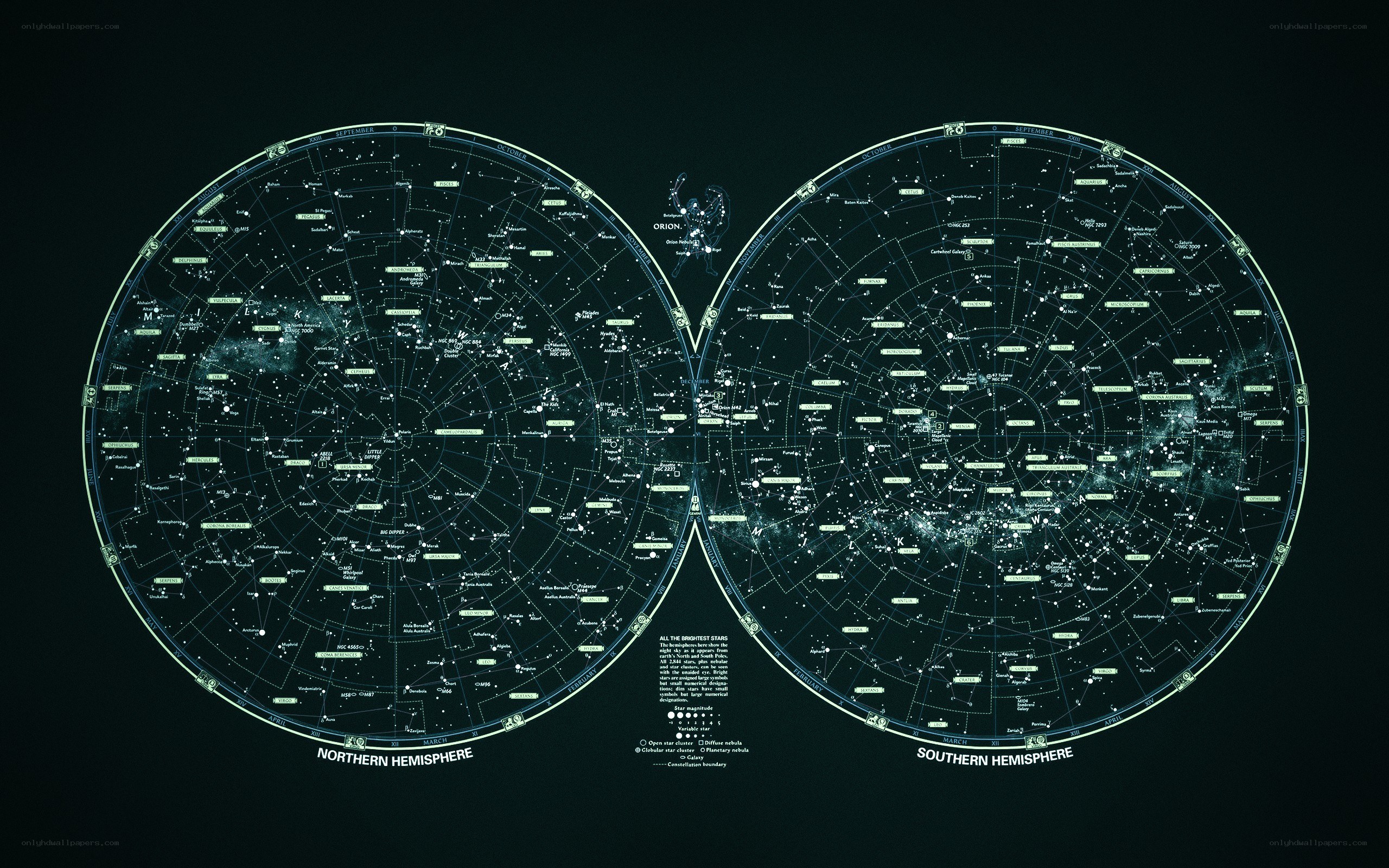 Celestial map of hemispheres
