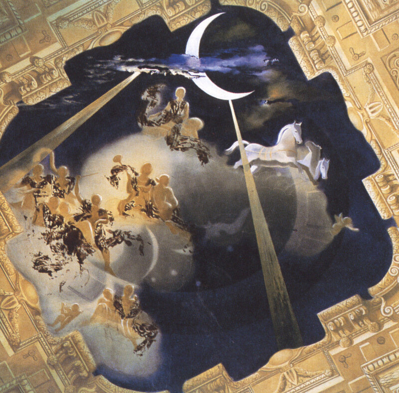 Celestial scene with moon and figures