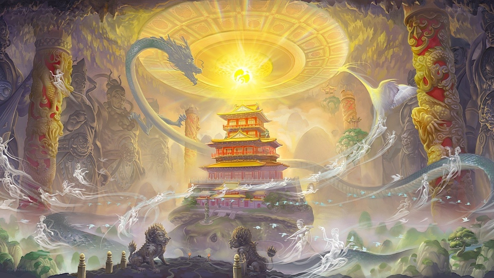 Celestial temple with dragons