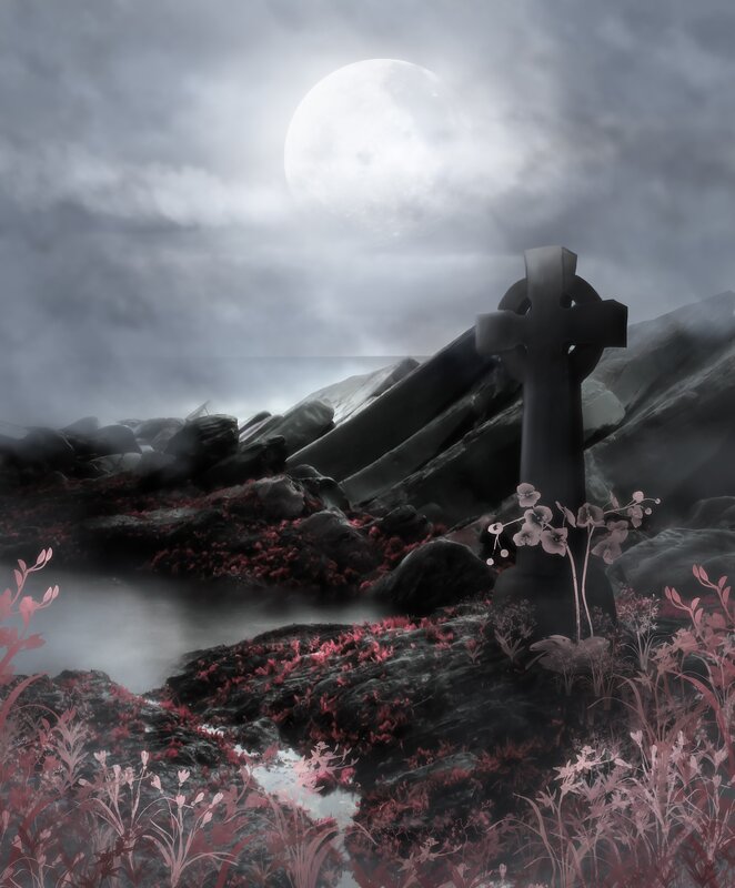 Celtic Cross in Rocky Landscape