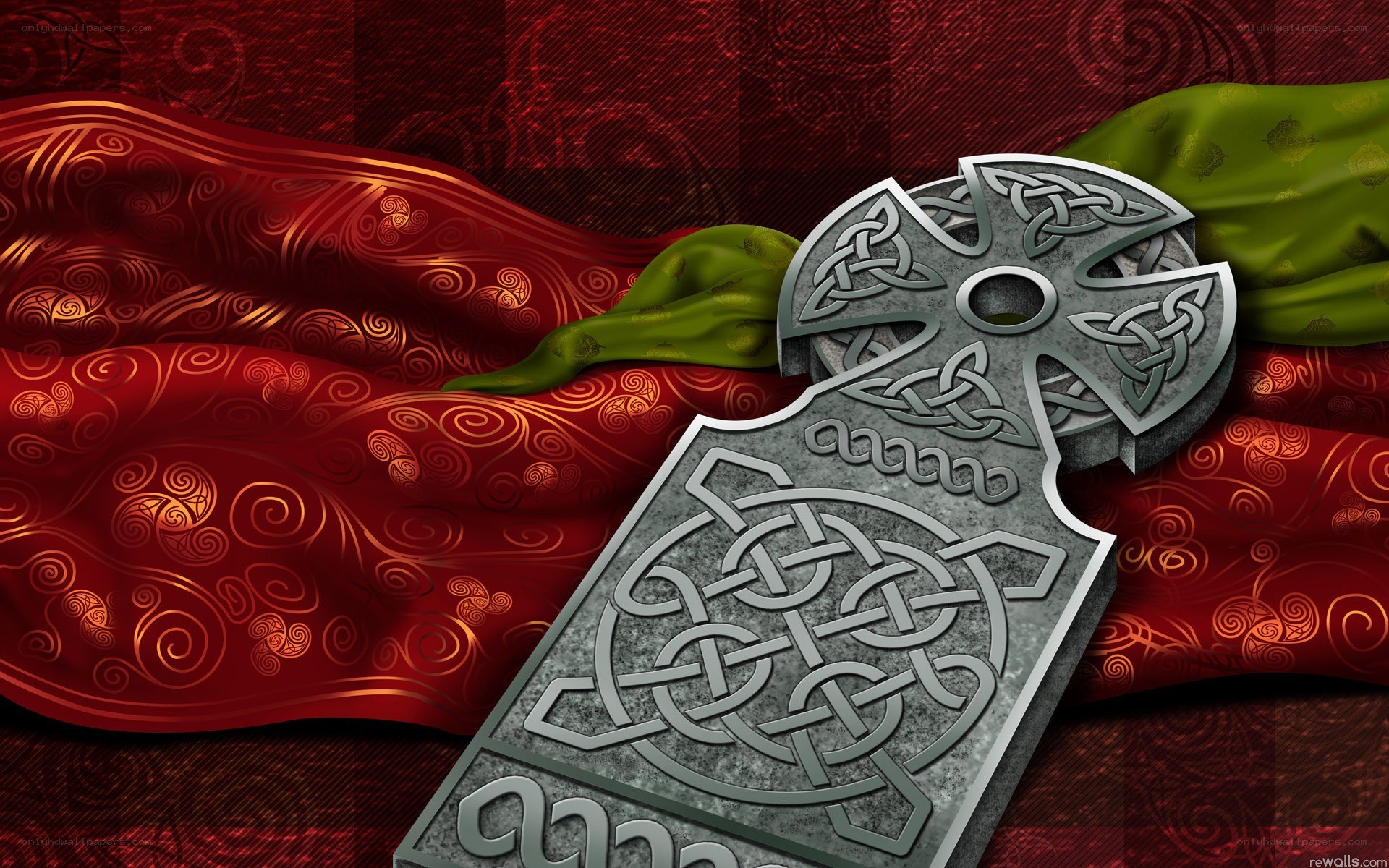 Celtic cross on red fabric
