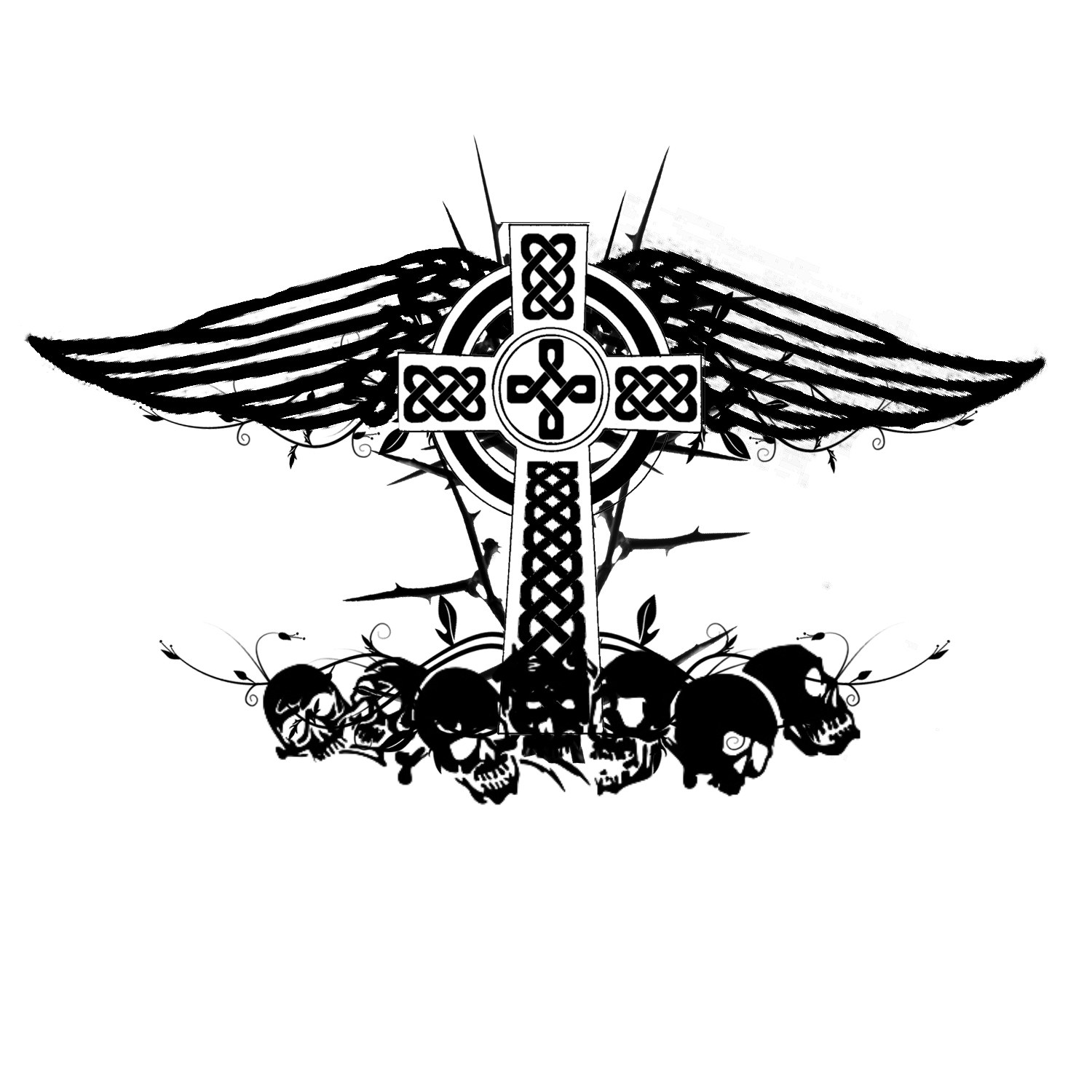 Celtic cross with wings and skulls