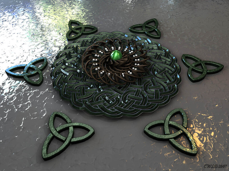 Celtic knot design with green gem