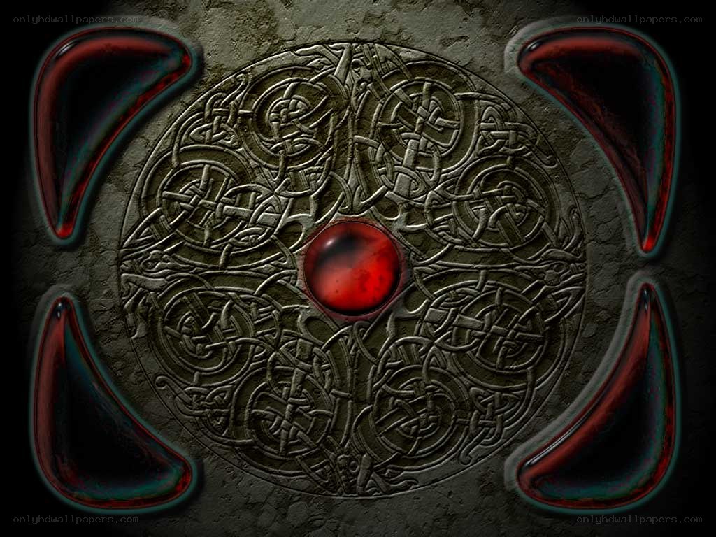 Celtic knot shield with red gem