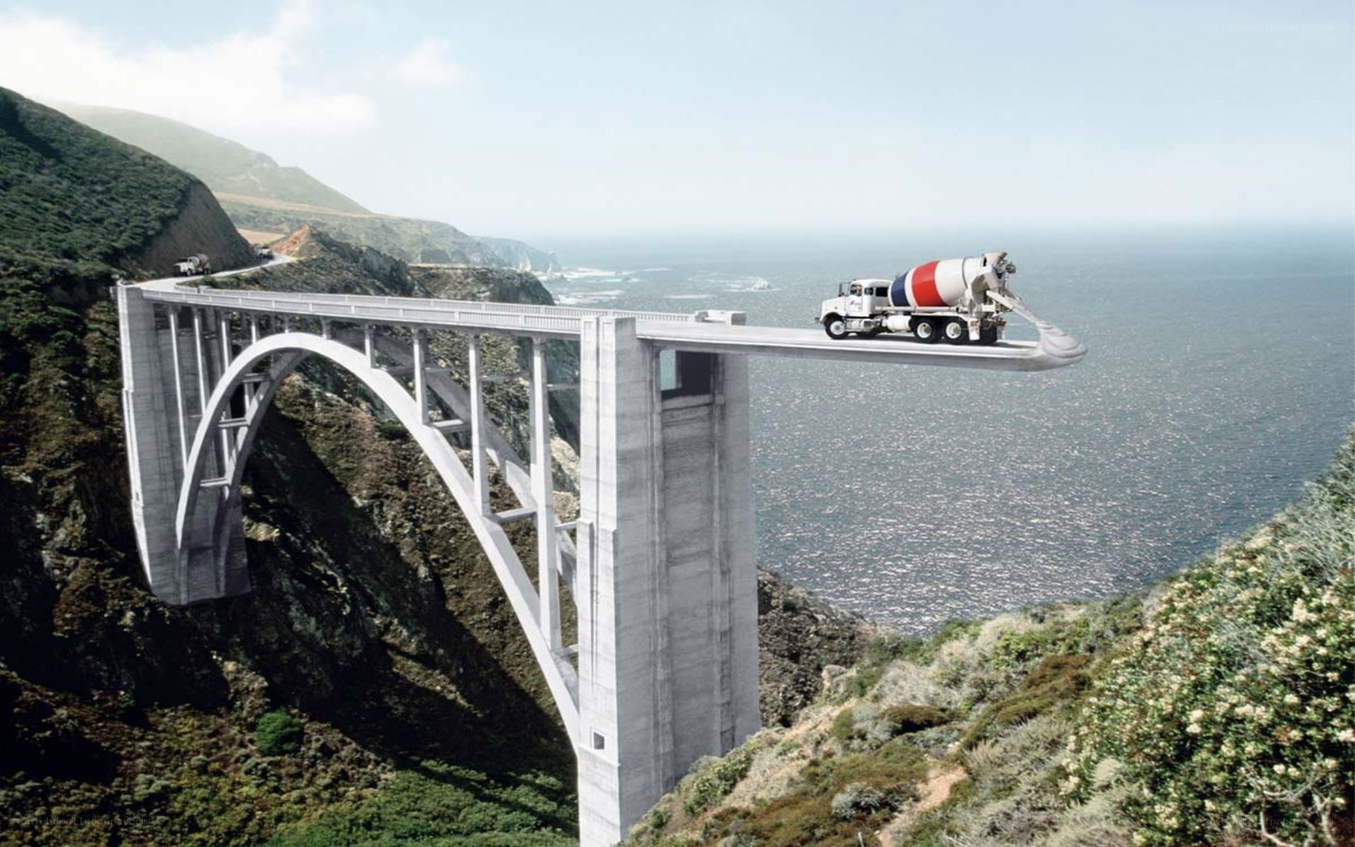 Cement truck on bridge