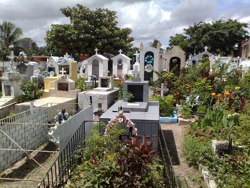 Cemetery with tombs and flowers