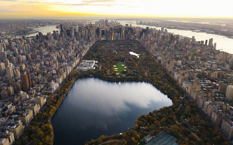 Central Park Aerial View — Green, Serene, Sunset