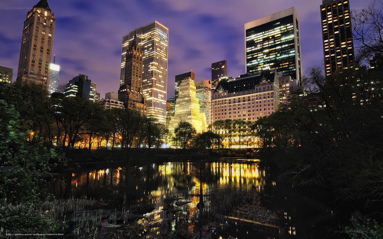 Central Park at dusk with city lights