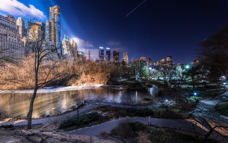 Central Park at night with city skyline
