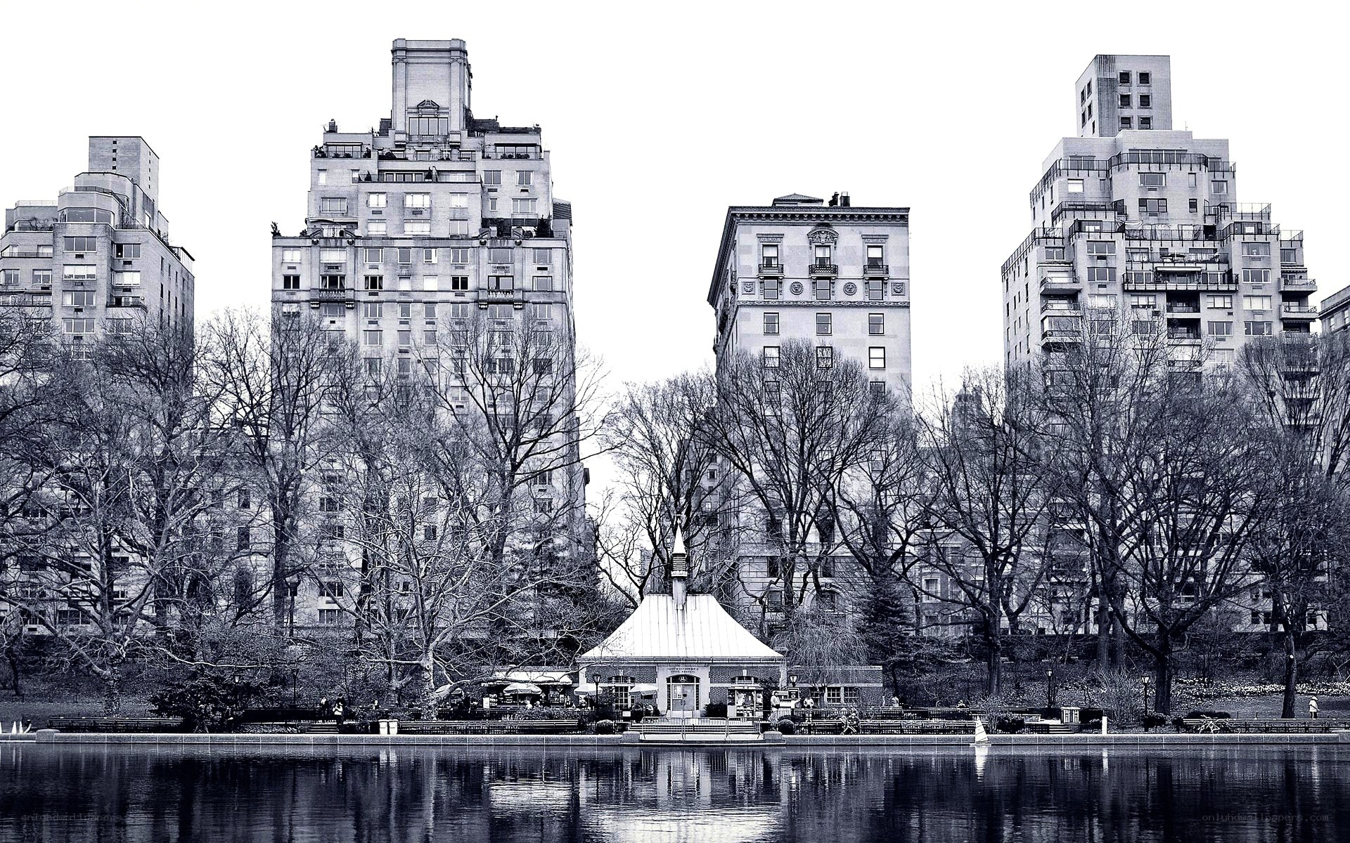 Central Park lake with buildings