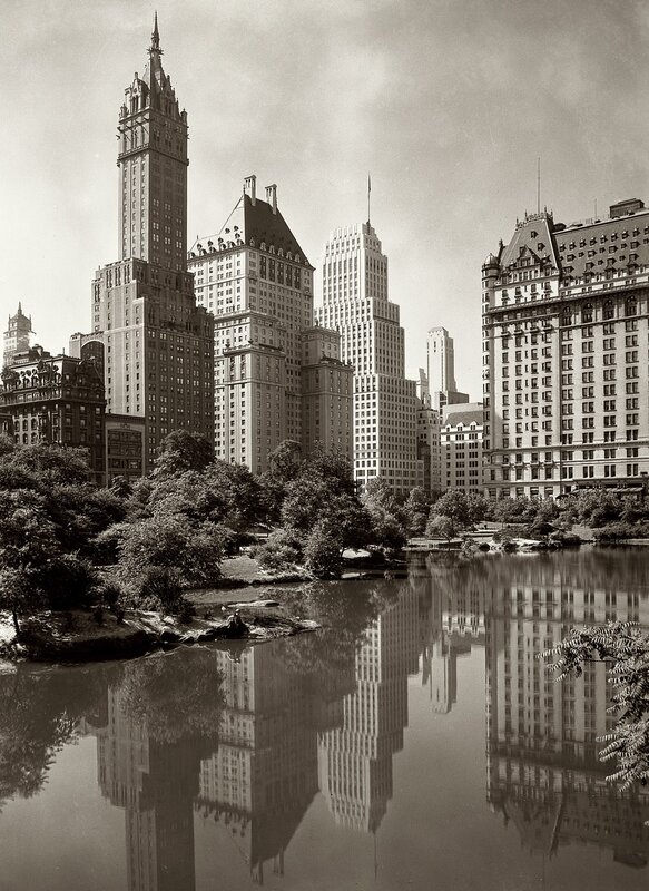 Central Park skyline with lake reflection
