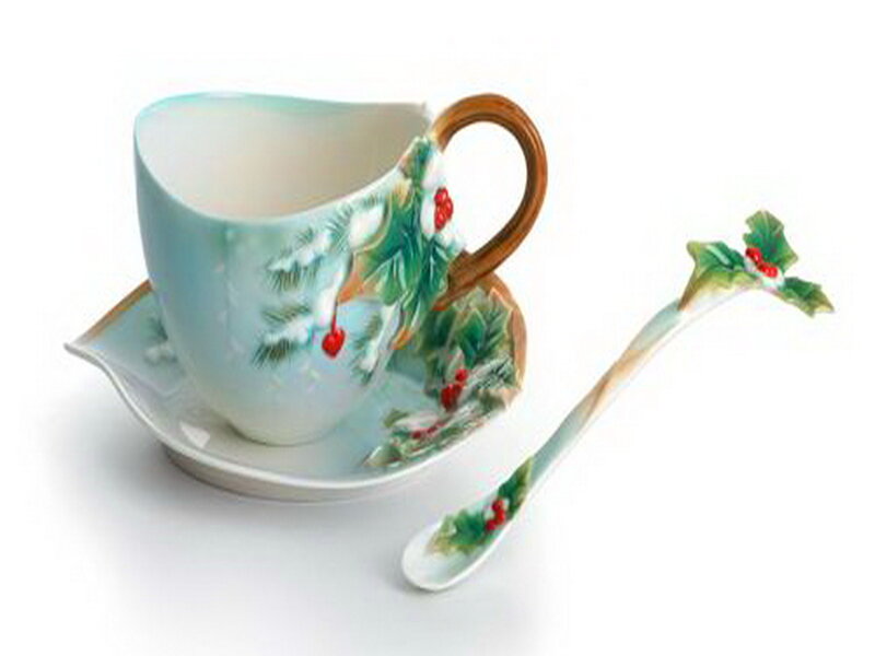 Ceramic Cup and Saucer — White, Festive