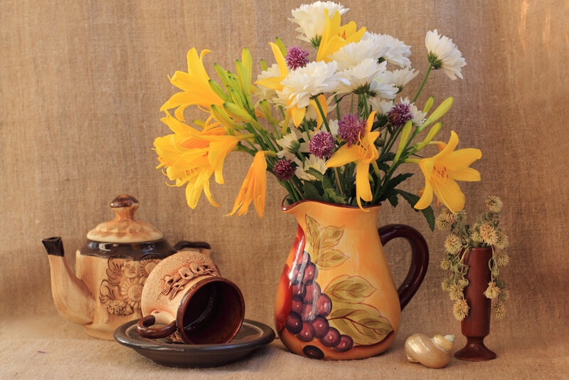 Ceramic Pitcher with Flowers — Yellow