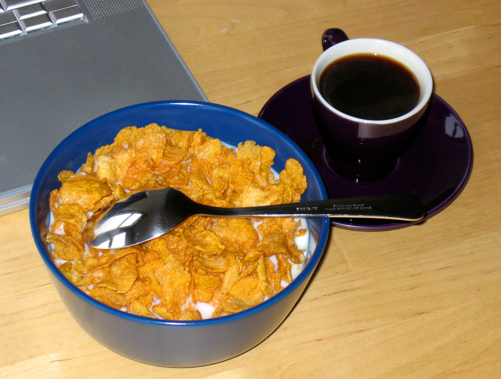 Cereal and coffee on desk